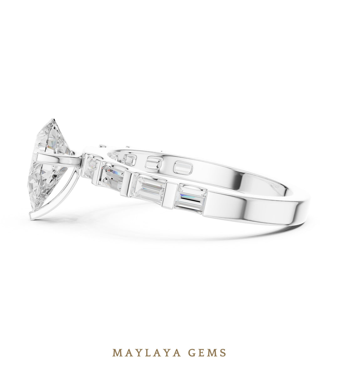 Maylaya Gems pear baguette side-stone lab-grown diamond ring in white gold