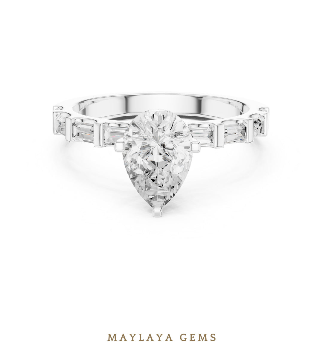 Maylaya Gems pear baguette side-stone lab-grown diamond ring in white gold