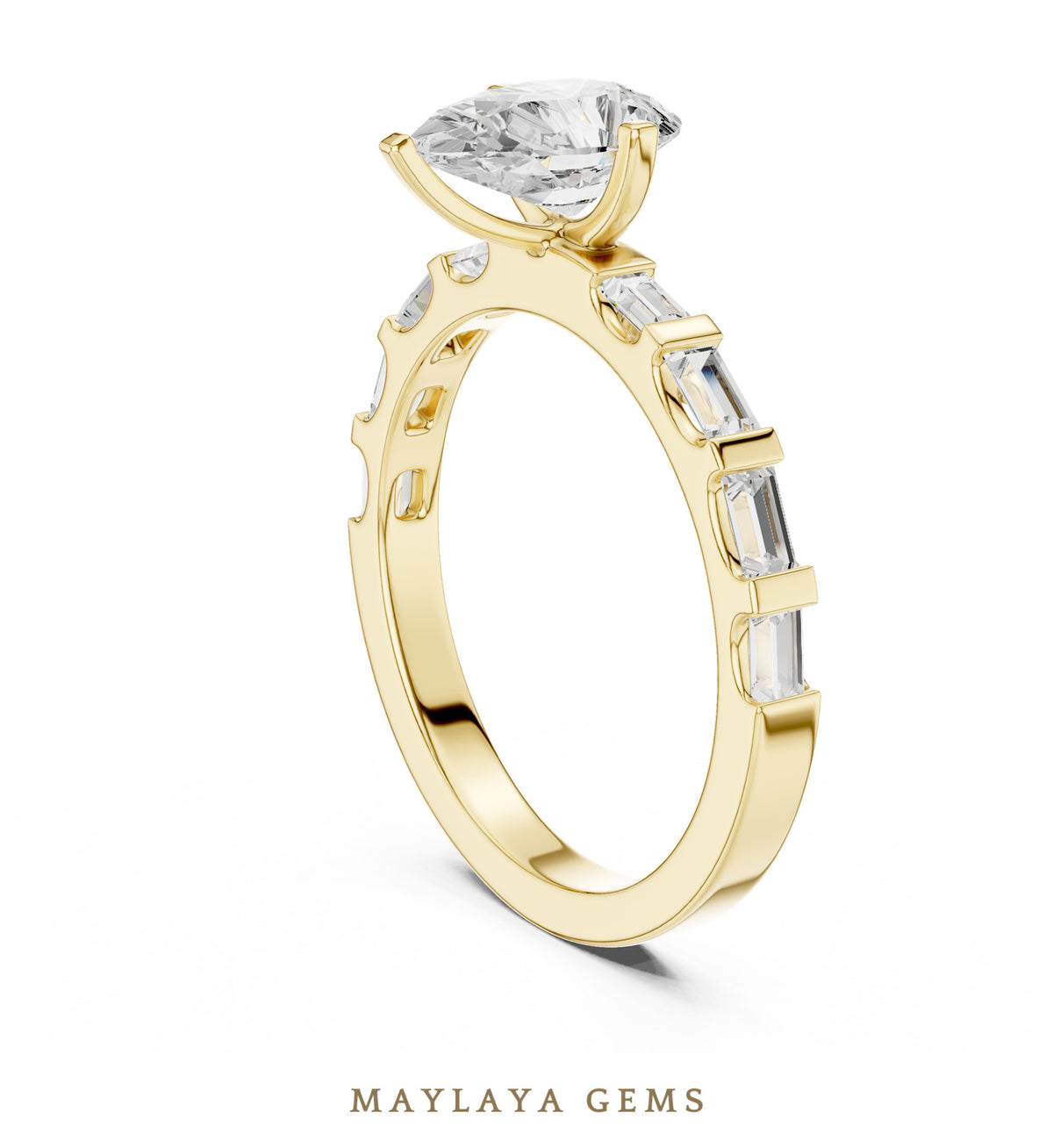 Maylaya gems pear baguette side stone lab grown diamond ring in yellow gold