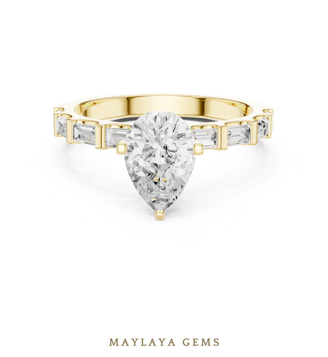 Maylaya Gems pear baguette side-stone lab-grown diamond ring in yellow gold