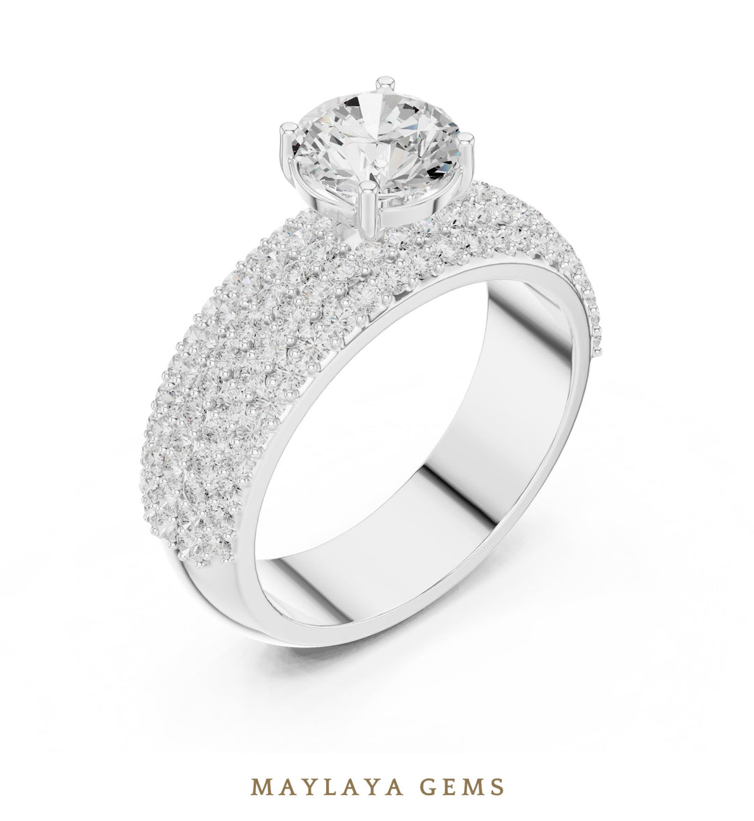 Maylaya Gems round wide pavé lab-grown diamond ring in white gold