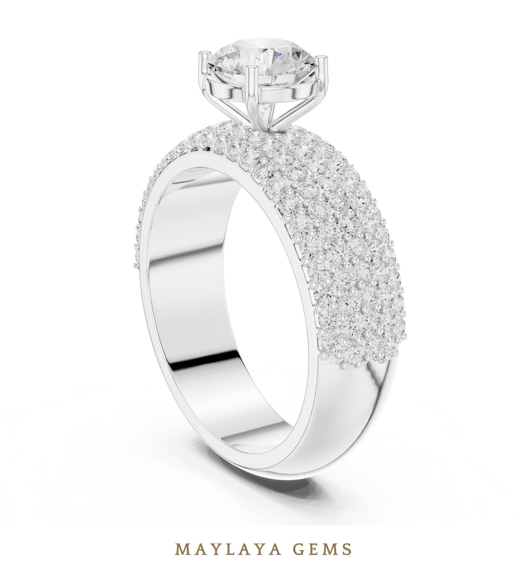 Maylaya Gems round wide pavé lab-grown diamond ring in white gold