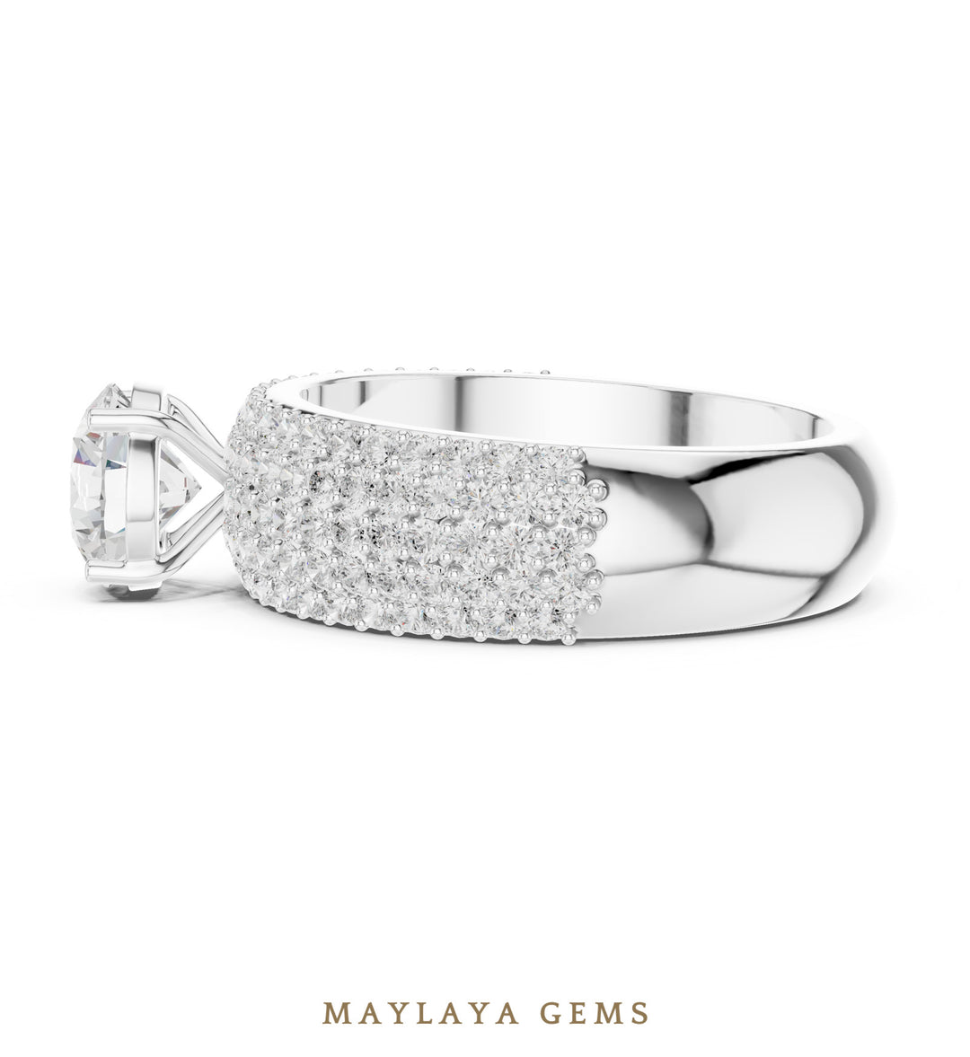 Maylaya Gems round wide pavé lab-grown diamond ring in white gold