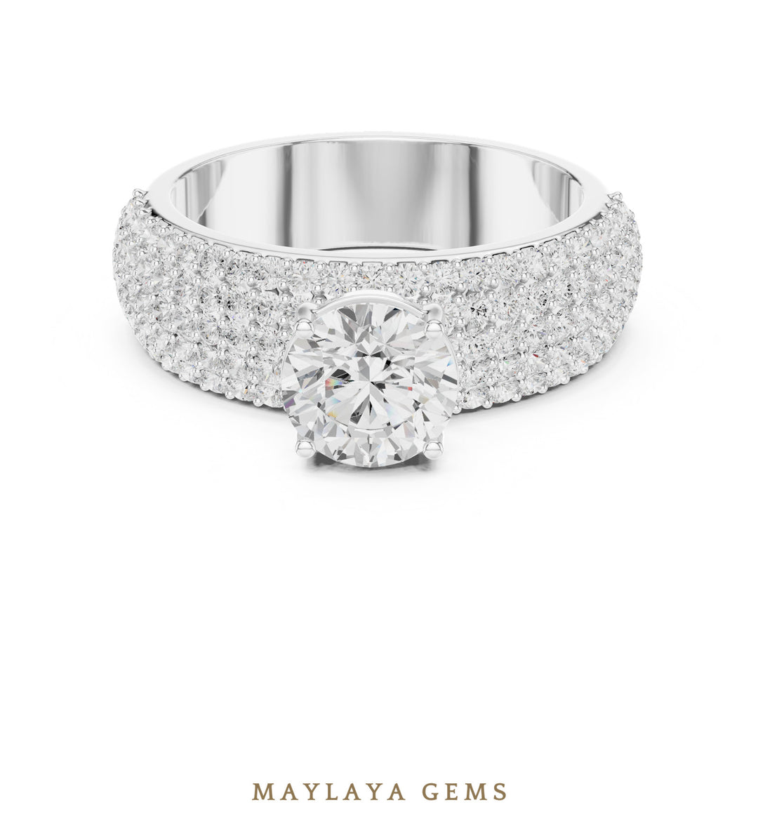 Maylaya Gems round wide pavé lab-grown diamond ring in white gold