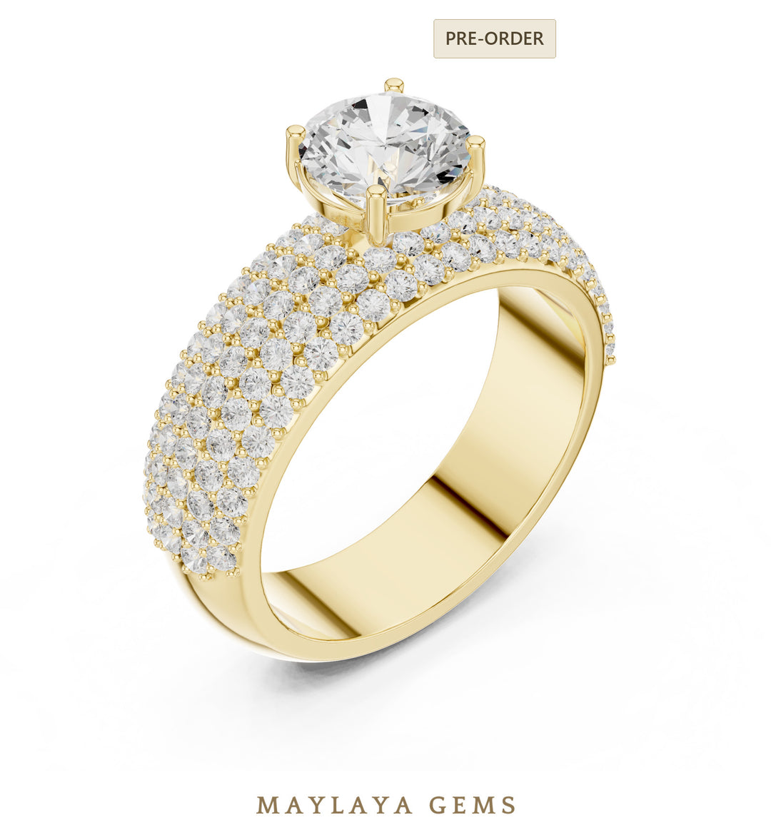 Maylaya Gems round wide pavé lab-grown diamond ring in yellow gold