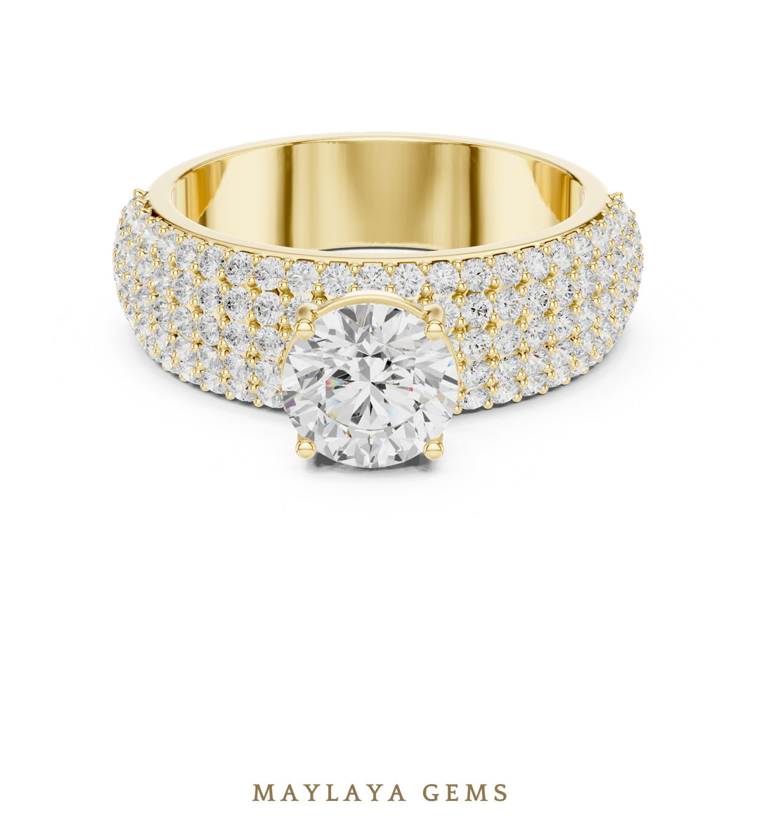 Maylaya Gems round wide pavé lab-grown diamond ring in yellow gold