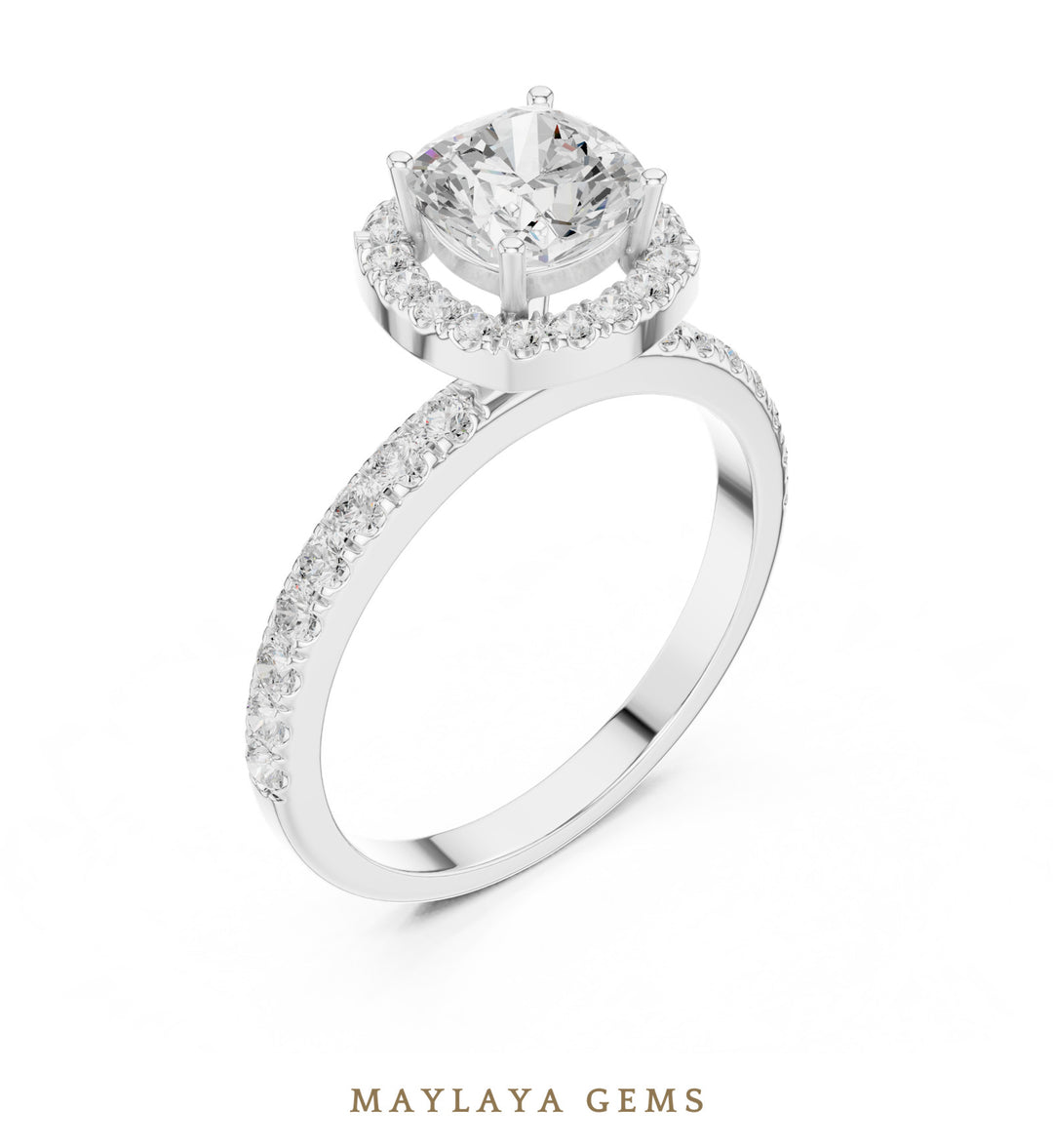 Maylaya Gems round cushion halo pavé lab-grown diamond ring in white gold