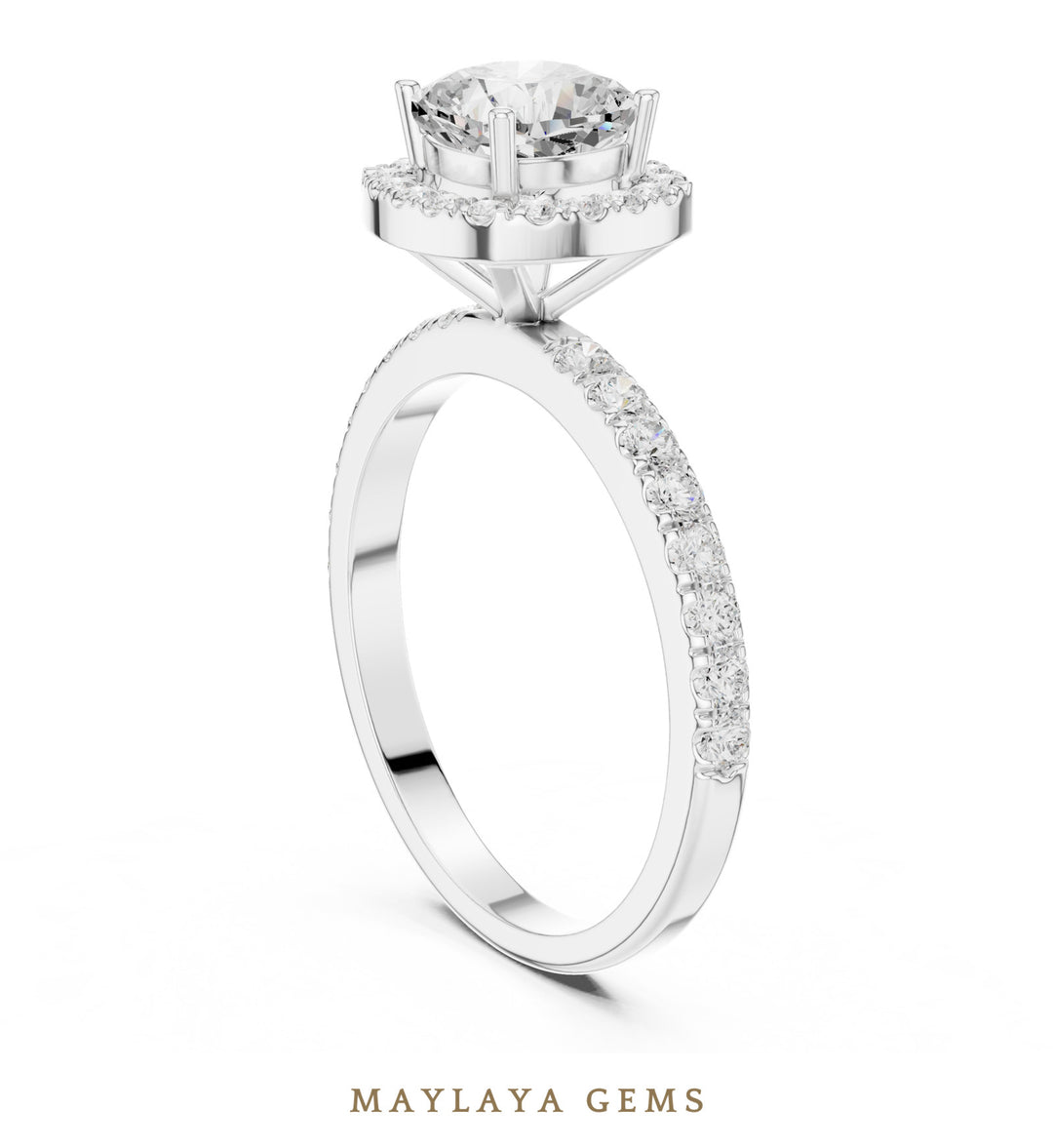 Maylaya Gems round cushion halo pavé lab-grown diamond ring in white gold