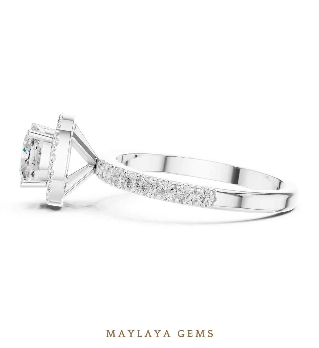 Maylaya Gems round cushion halo pavé lab-grown diamond ring in white gold