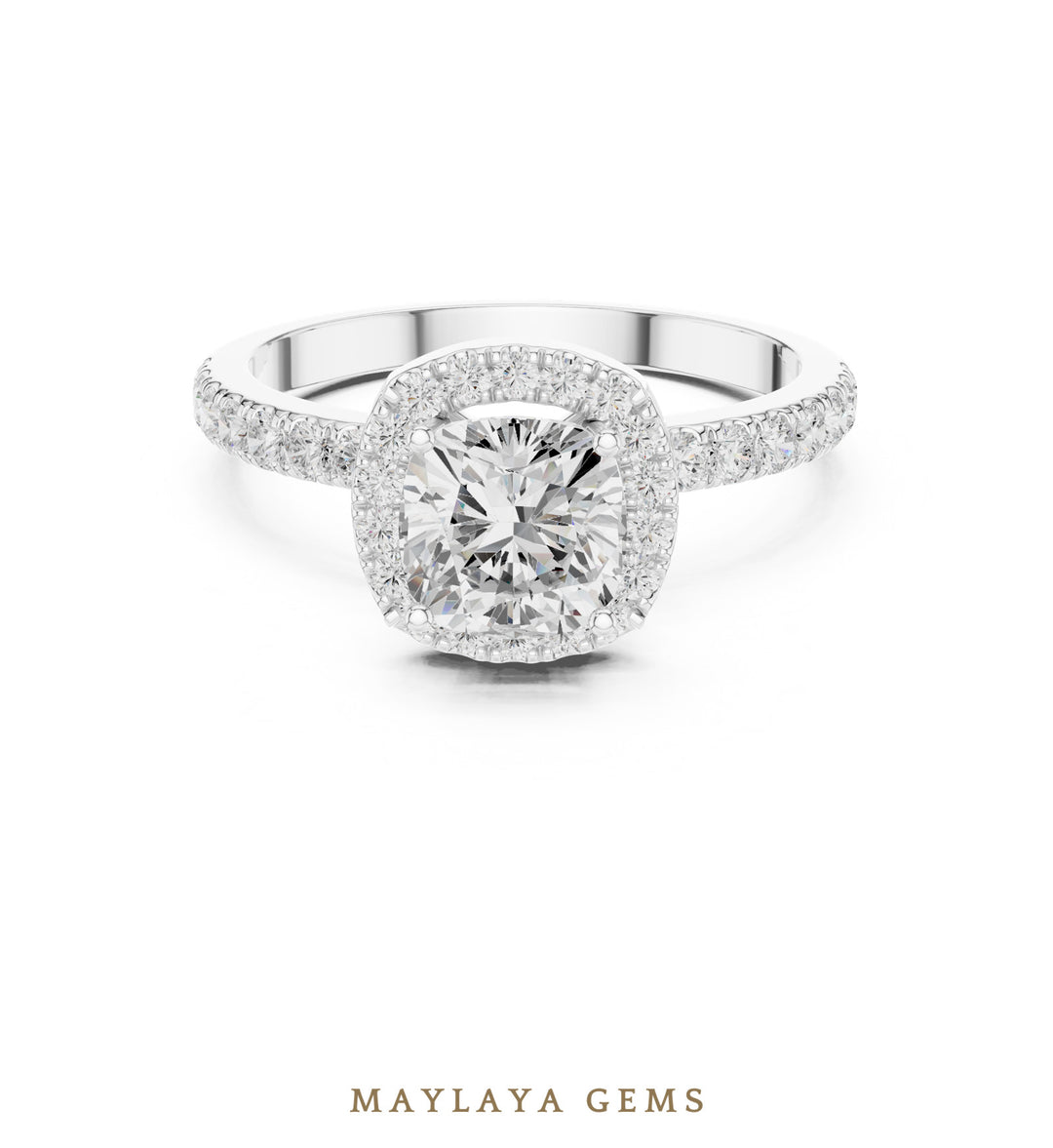 Maylaya Gems round cushion halo pavé lab-grown diamond ring in white gold