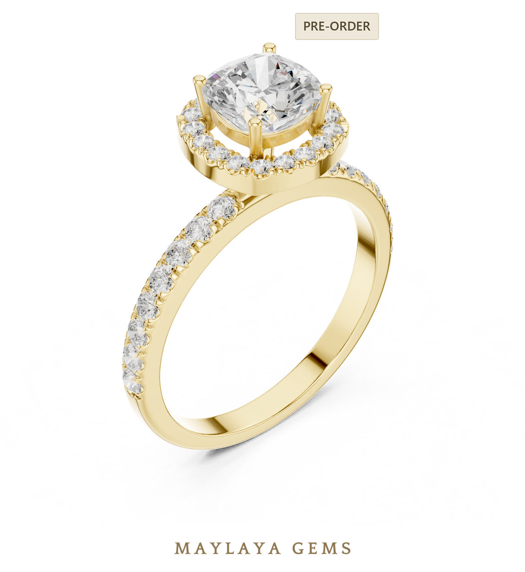 Maylaya Gems round cushion halo pavé lab-grown diamond ring in yellow gold