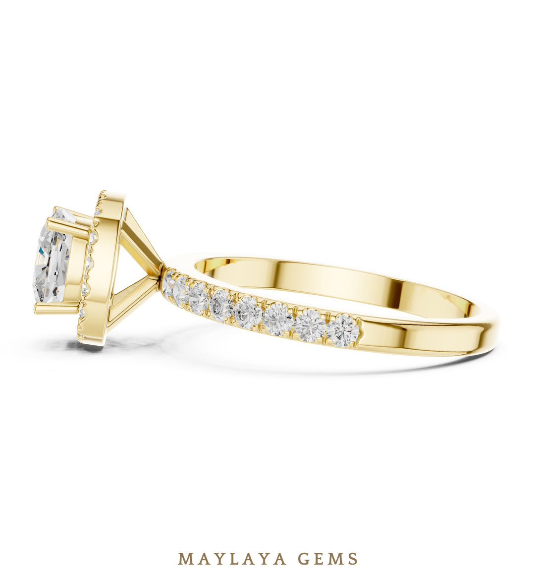 Maylaya Gems round cushion halo pavé lab-grown diamond ring in yellow gold