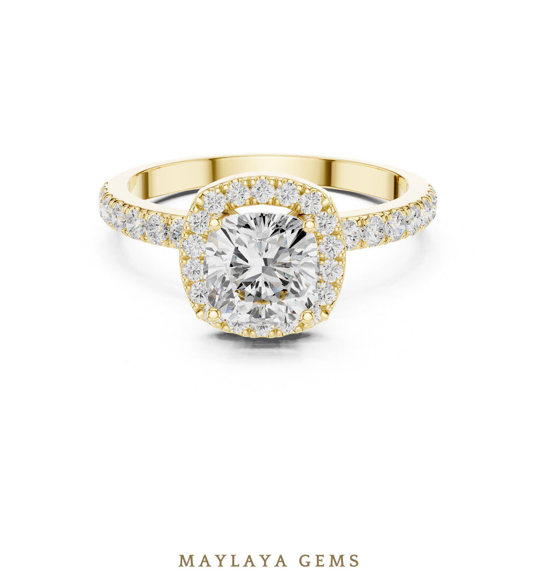 Maylaya Gems round cushion halo pavé lab-grown diamond ring in yellow gold
