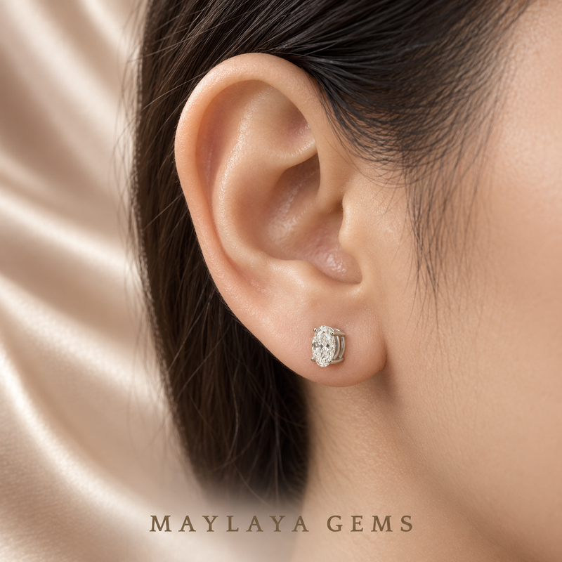 Maylaya Gems SPS4 on-ear illustration, scaled to approximate carat-to-millimetre dimensions; actual fit varies.