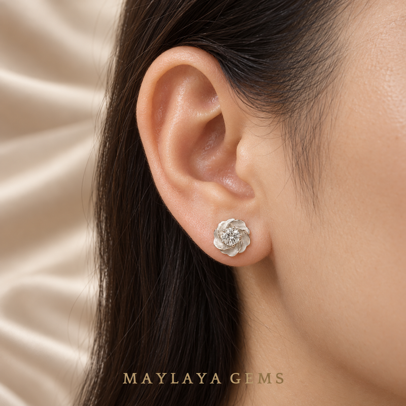 Maylaya Gems SPS5 on-ear illustration, scaled to approximate carat-to-millimetre dimensions; actual fit varies.