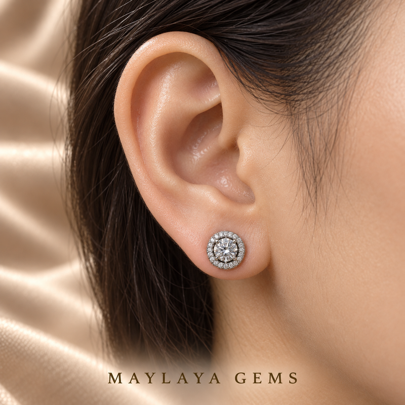 Maylaya Gems STK132 on-ear illustration, scaled to approximate carat-to-millimetre dimensions; actual fit varies.