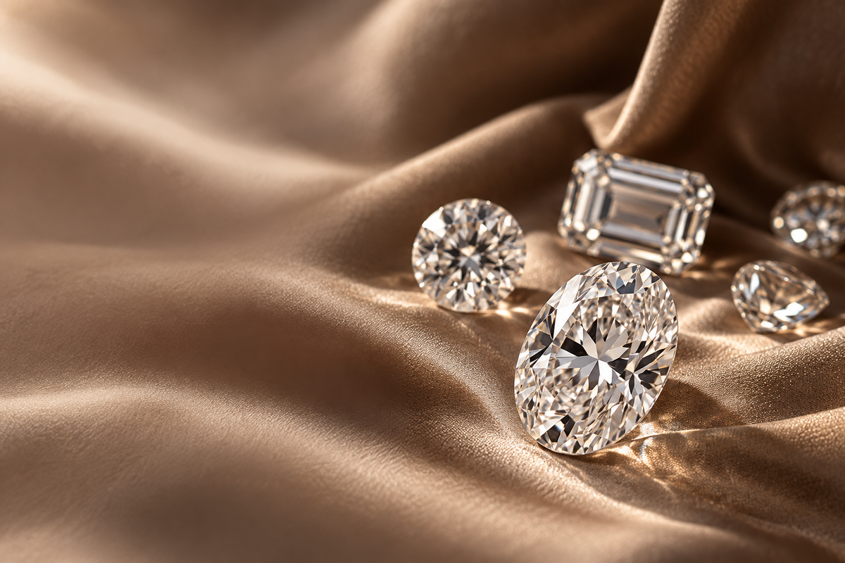 Illustrative editorial image of colourless diamonds on champagne satin.