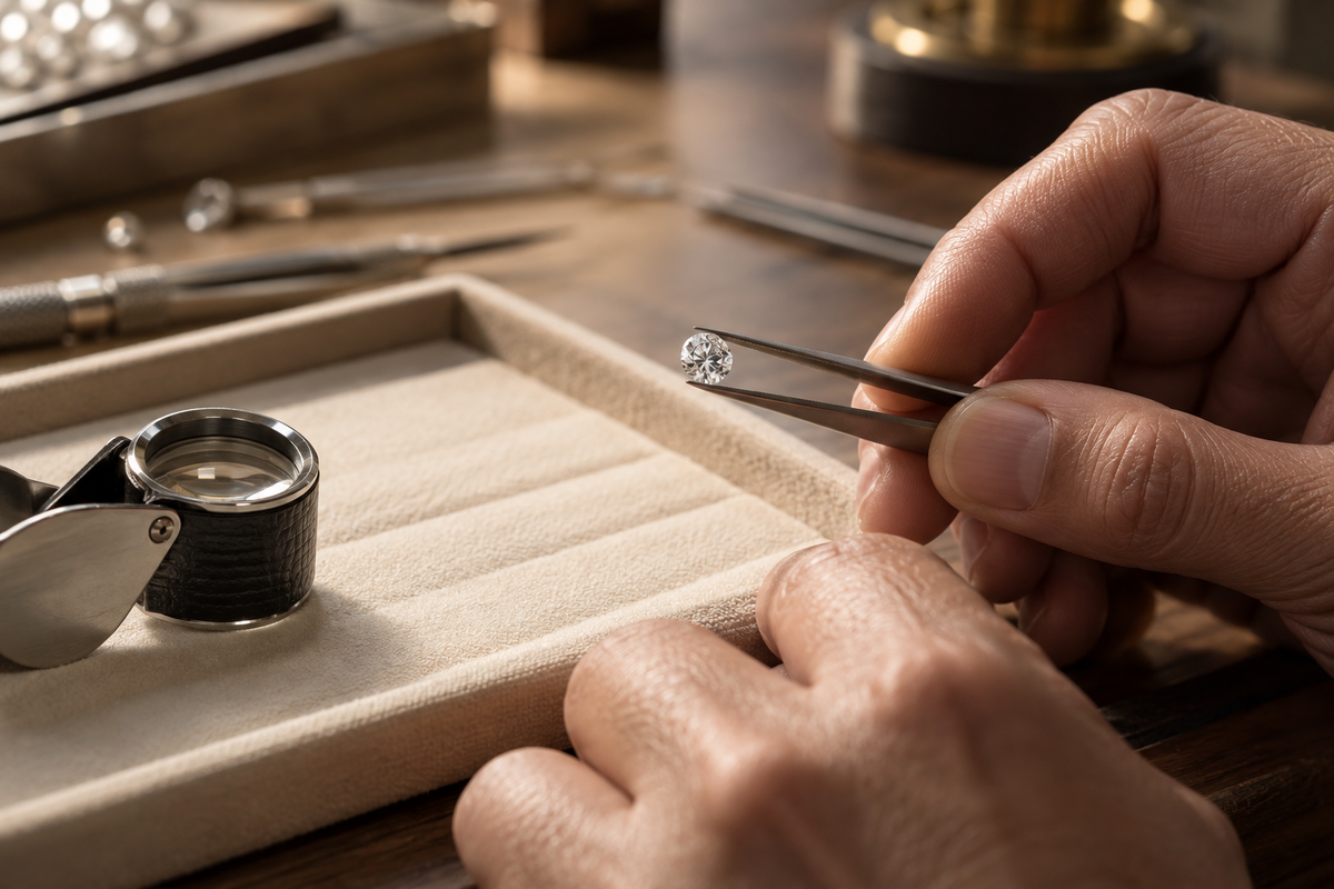 Illustrative close-up of a diamond held in jeweller’s tweezers beside a loupe.