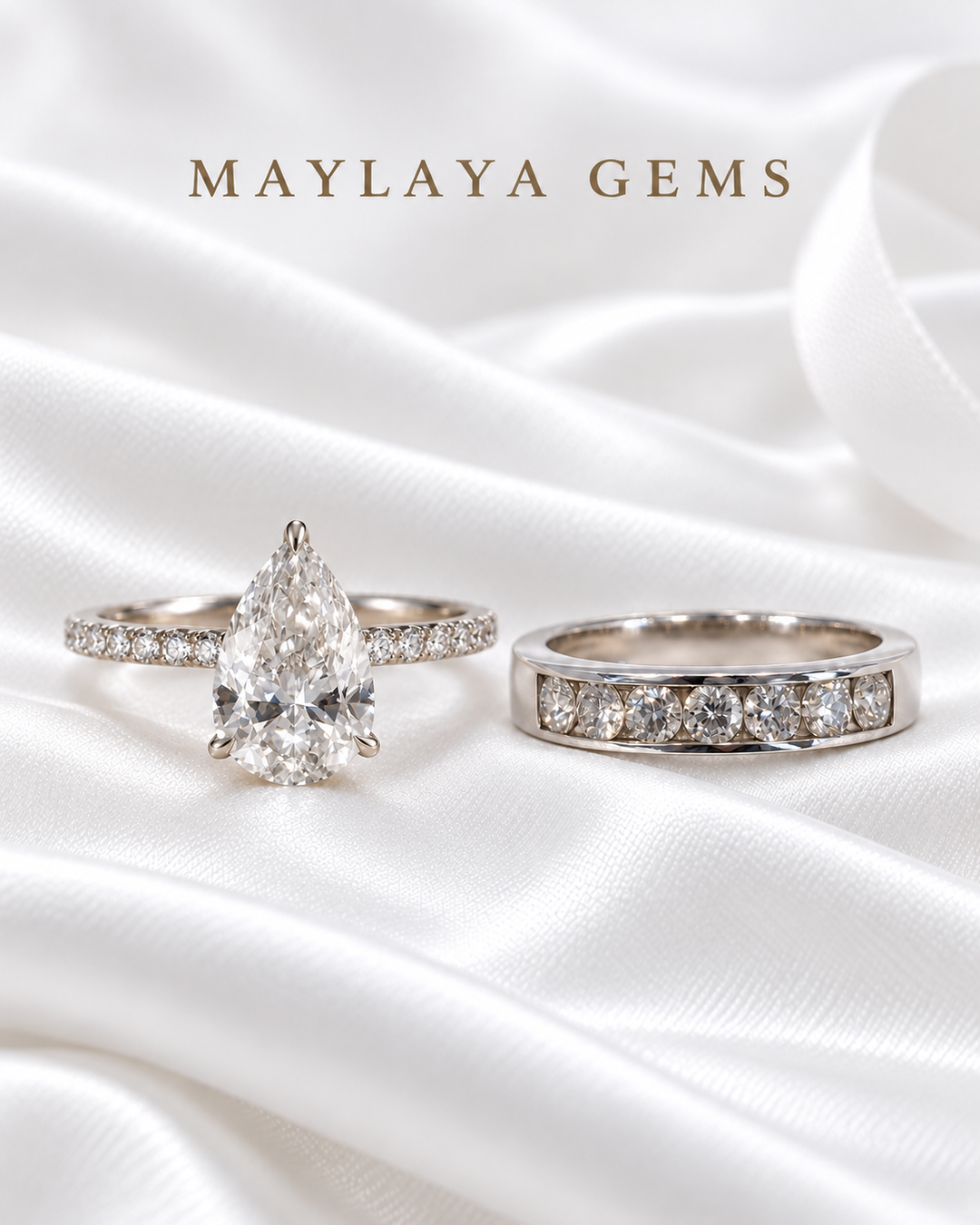 Maylaya Gems MG-BD-01 couple rings on white bridal satin