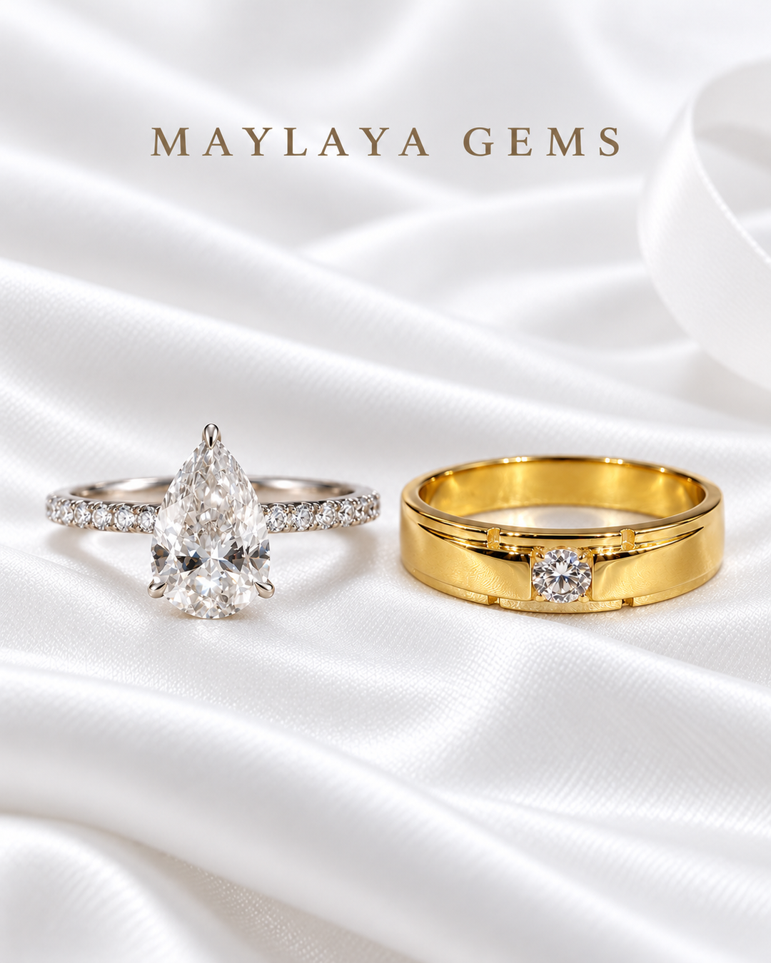 Maylaya Gems MG-BD-02 couple rings on white bridal satin