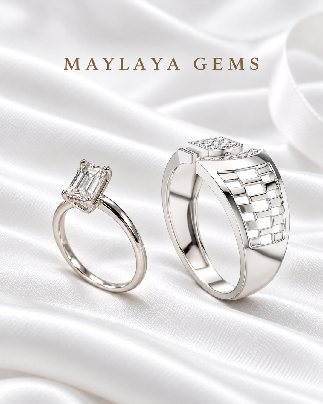 Maylaya Gems MG-BD-05 couple rings on white bridal satin