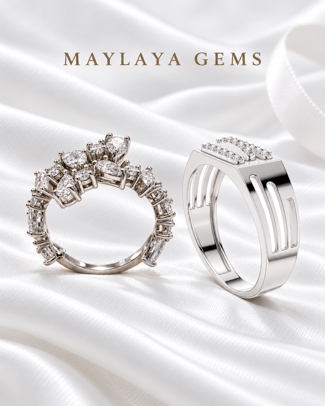 Maylaya Gems MG-BD-06 couple rings on white bridal satin
