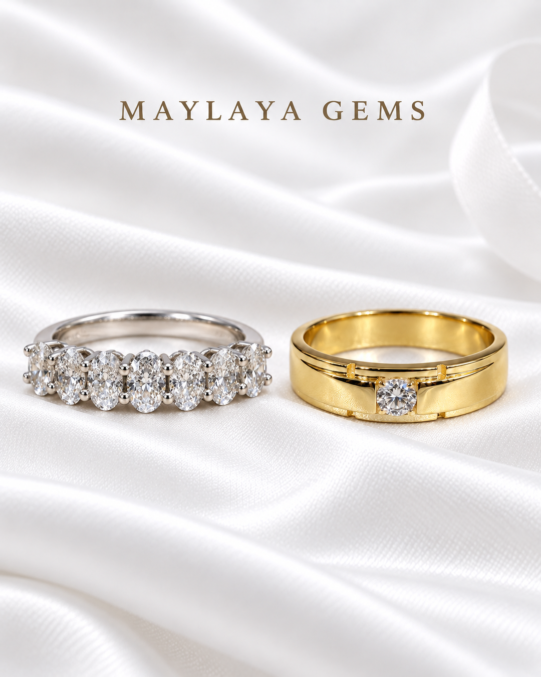 Maylaya Gems MG-BD-07 couple rings on white bridal satin