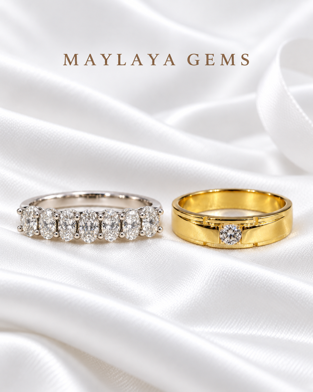 Maylaya Gems MG-BD-08 couple rings on white bridal satin