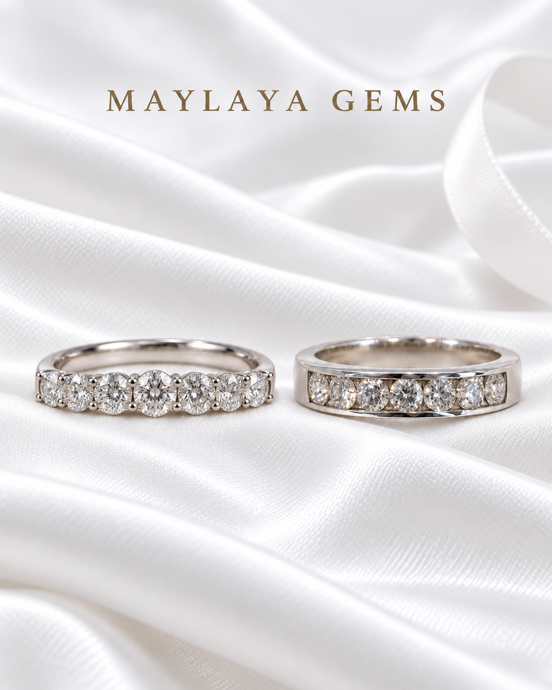 Maylaya Gems MG-BD-10 couple rings on white bridal satin