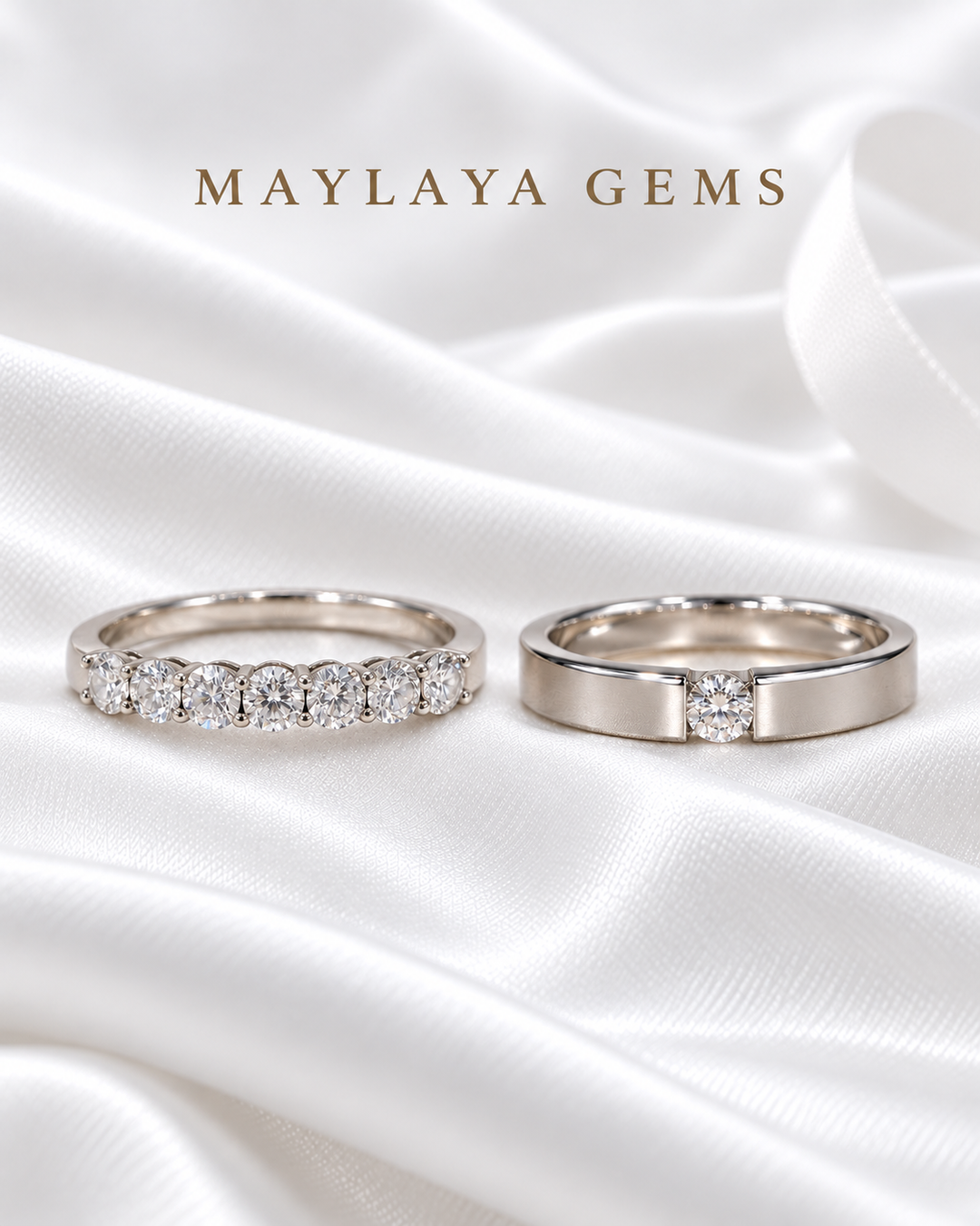 Maylaya Gems MG-BD-11 couple rings on white bridal satin