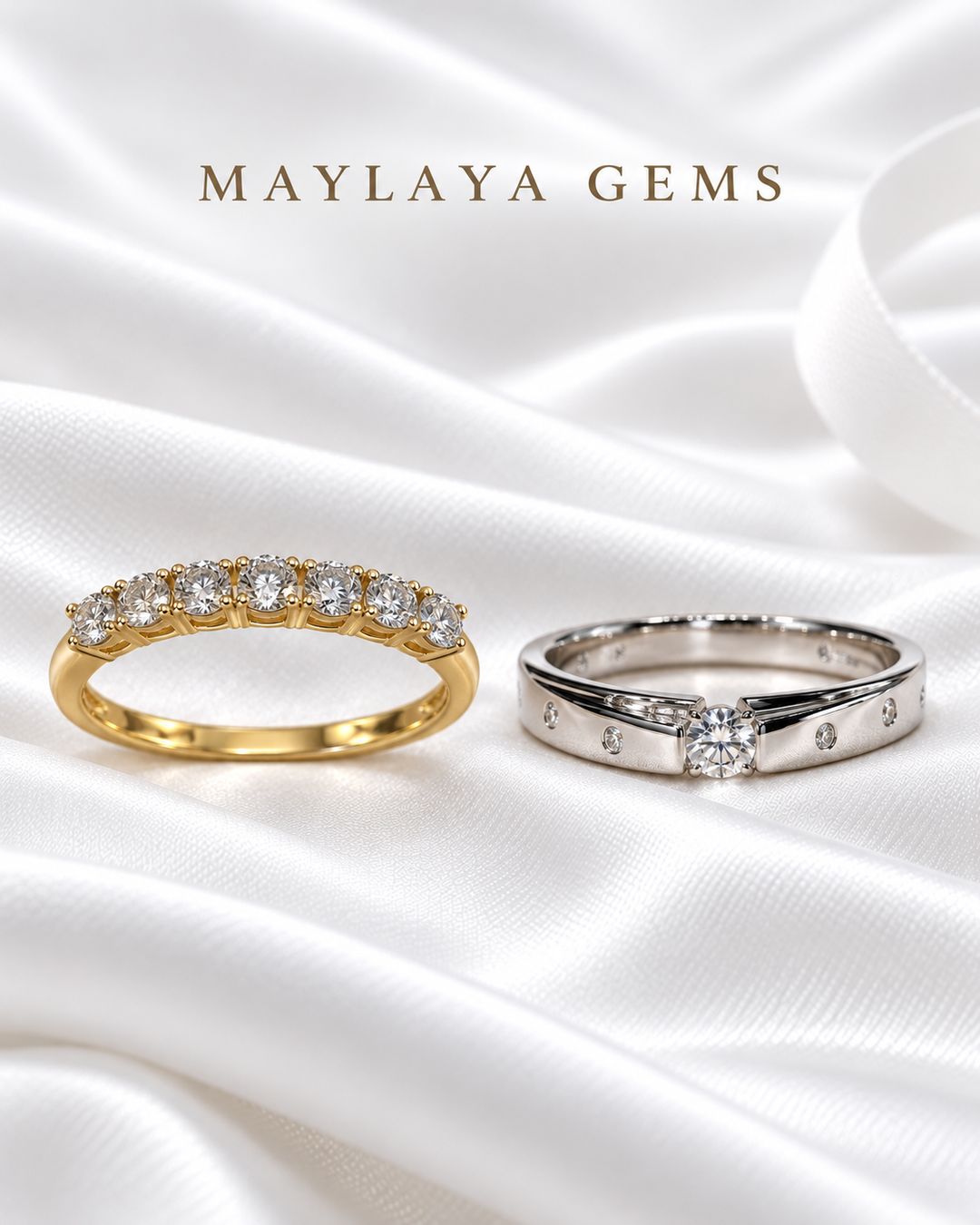Maylaya Gems MG-BD-12 couple rings on white bridal satin