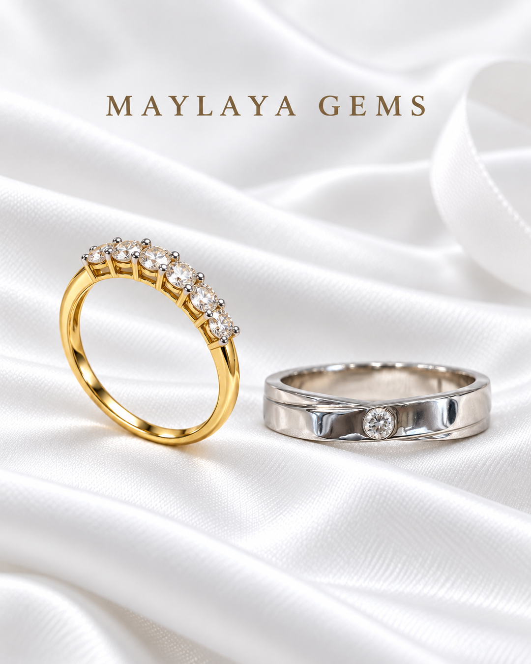 Maylaya Gems MG-BD-13 couple rings on white bridal satin