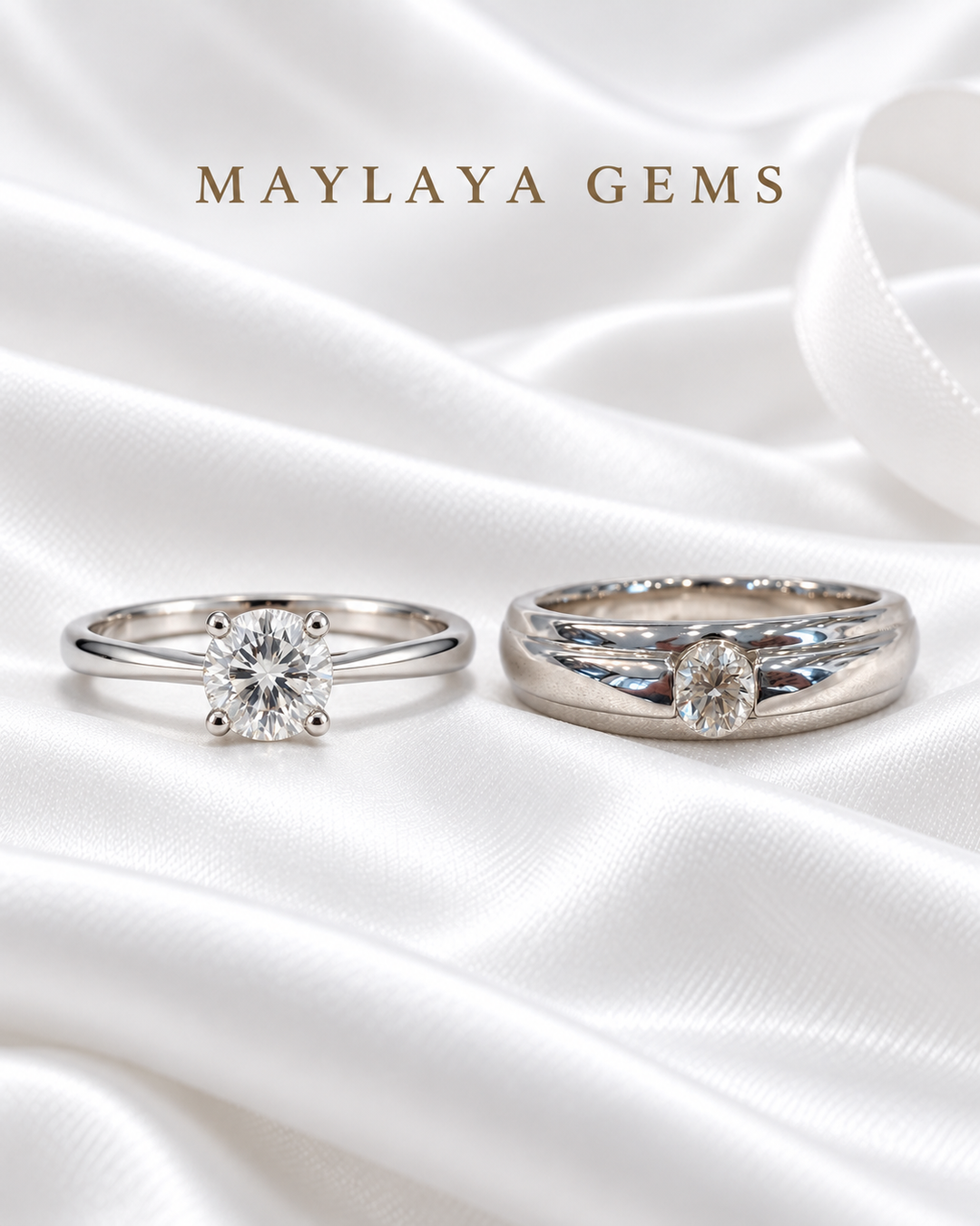 Maylaya Gems MG-BD-14 couple rings on white bridal satin