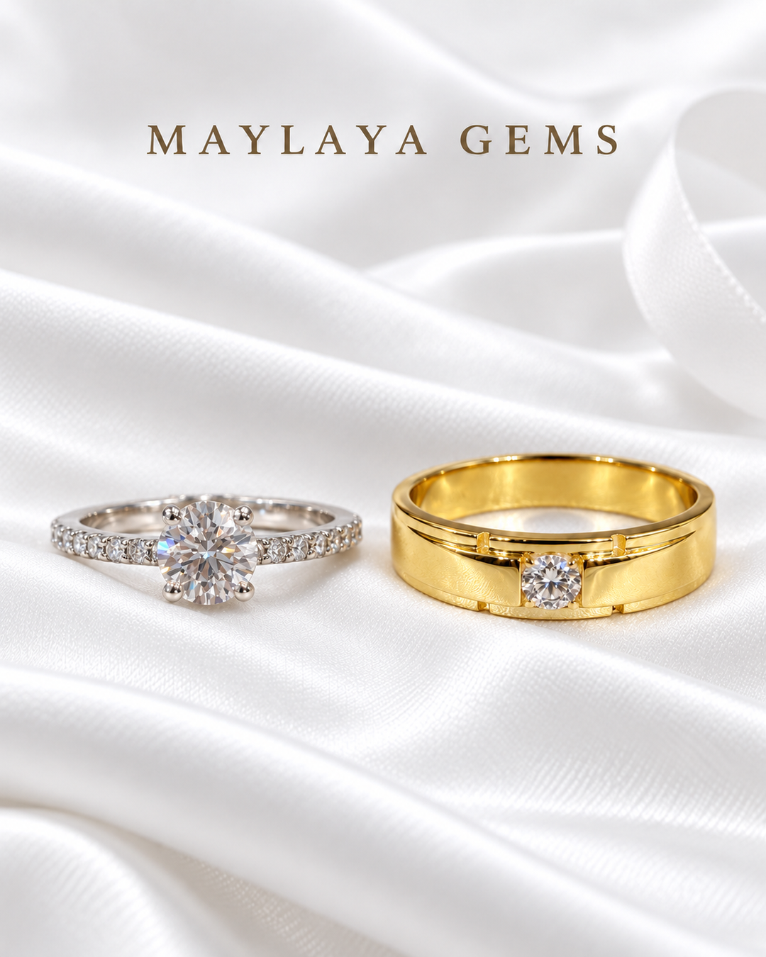 Maylaya Gems MG-BD-15 couple rings on white bridal satin