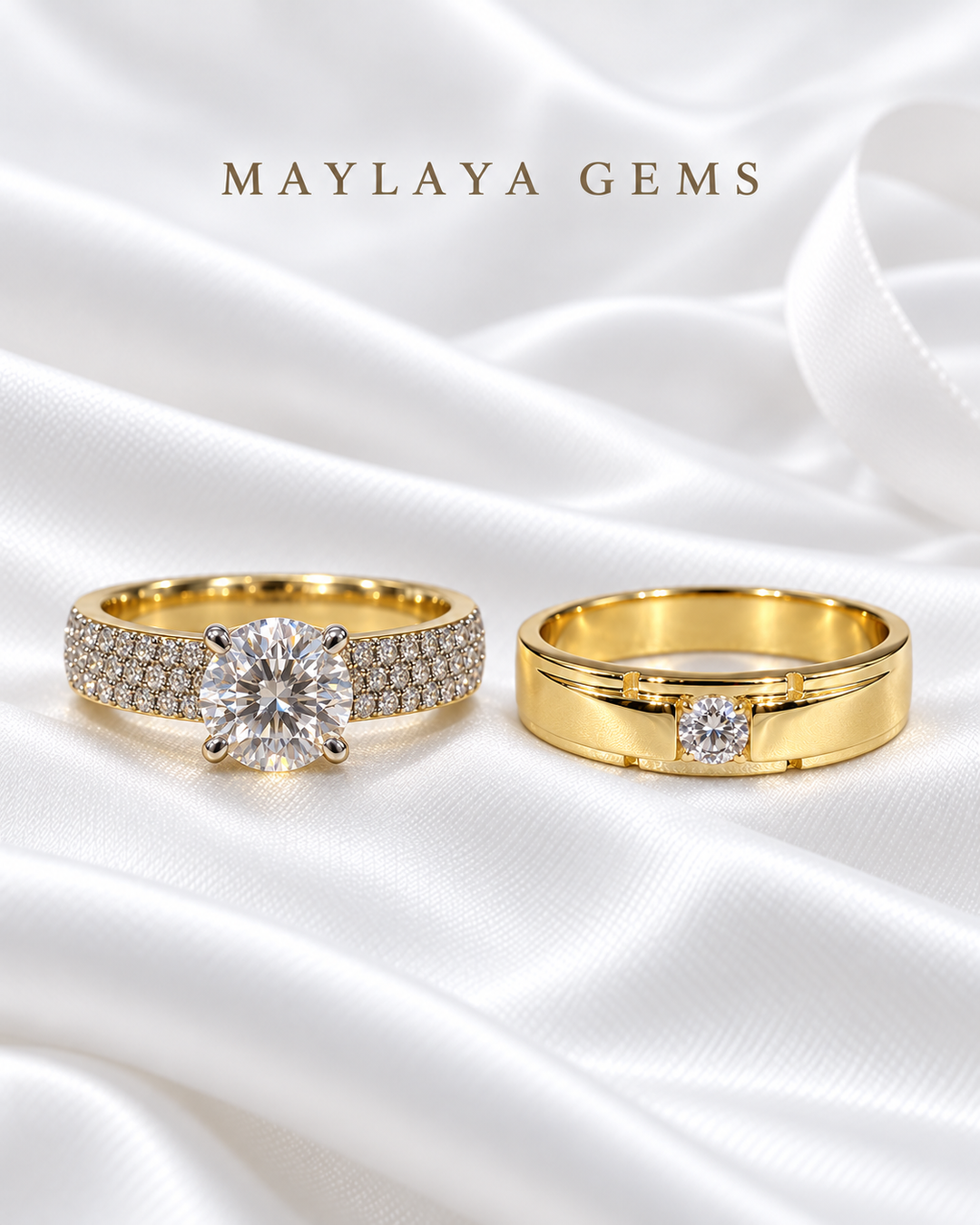 Maylaya Gems MG-CR-02 — white wedding couple-ring presentation