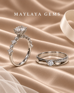 Load image into Gallery viewer, Maylaya Gems MG-CR-03 couple rings on light-brown bridal satin with white logo
