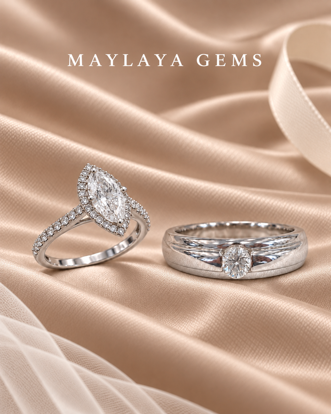 Maylaya Gems MG-CR-04 couple rings on light-brown bridal satin with white logo