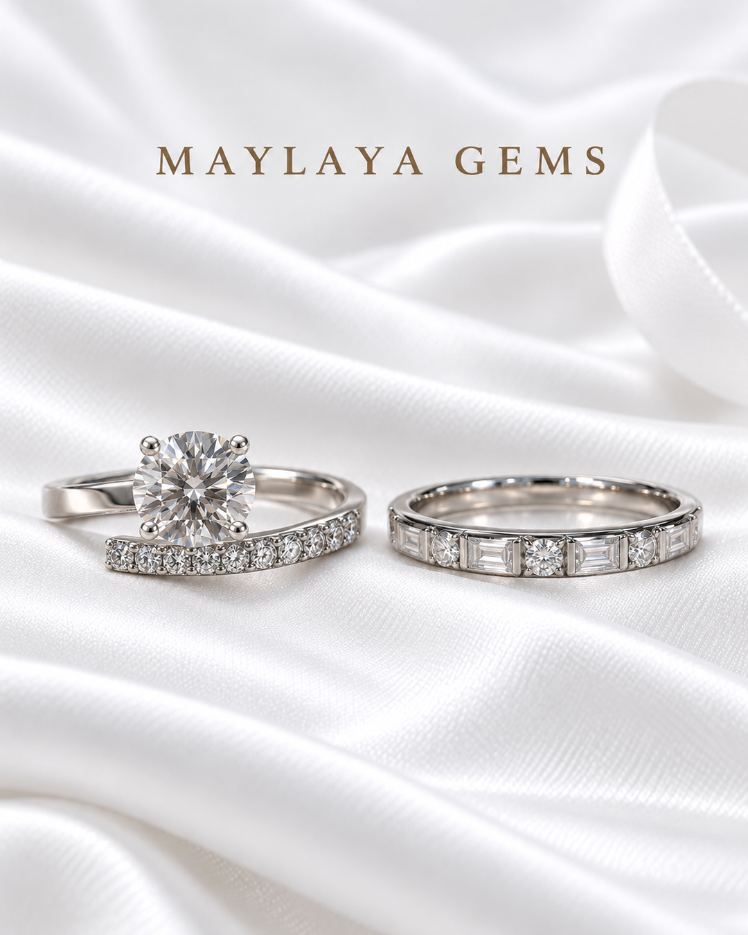 Maylaya Gems MG-CR-05 — white wedding couple-ring presentation