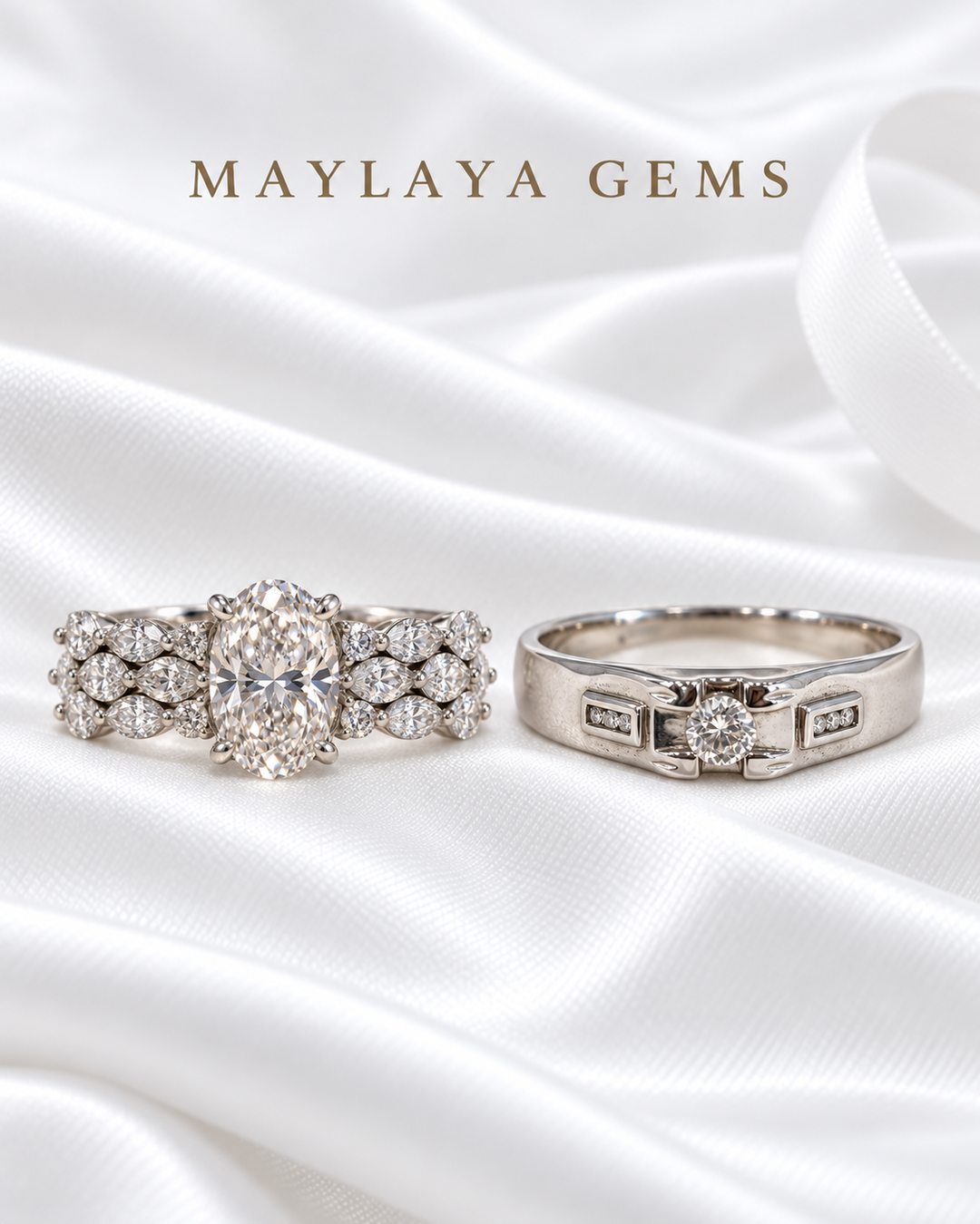 Maylaya Gems MG-CR-07 — white wedding couple-ring presentation