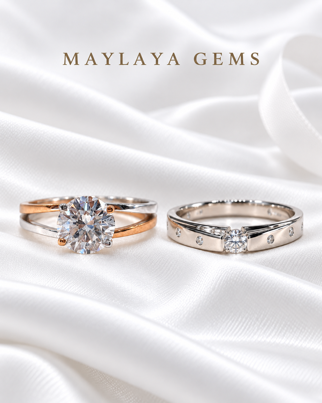Maylaya Gems MG-CR-08 — white wedding couple-ring presentation