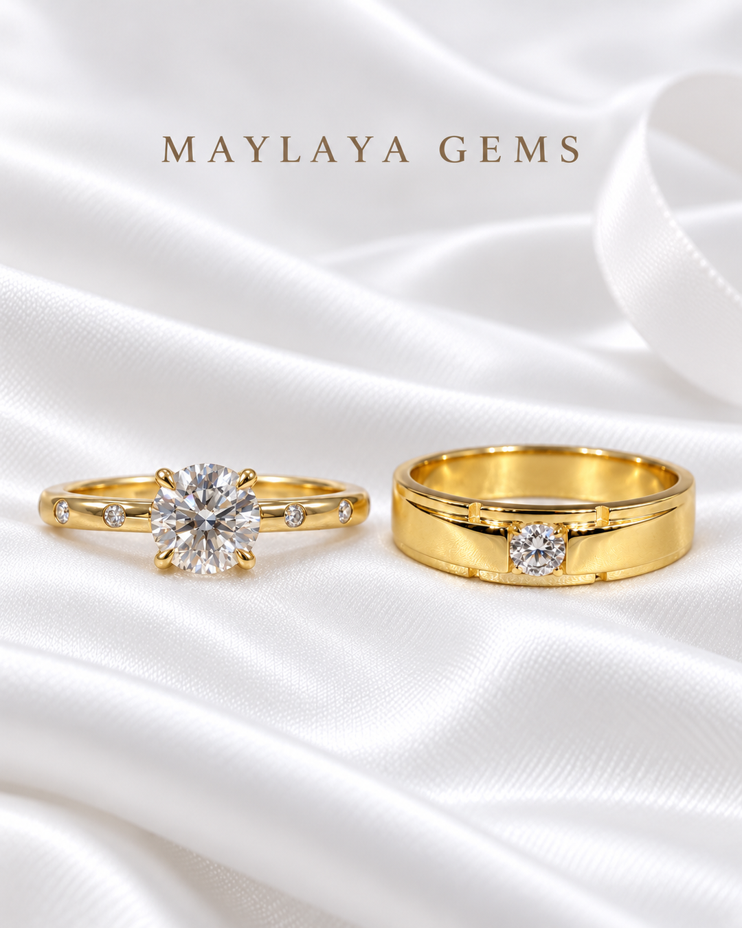 Maylaya Gems MG-CR-10 — white wedding couple-ring presentation