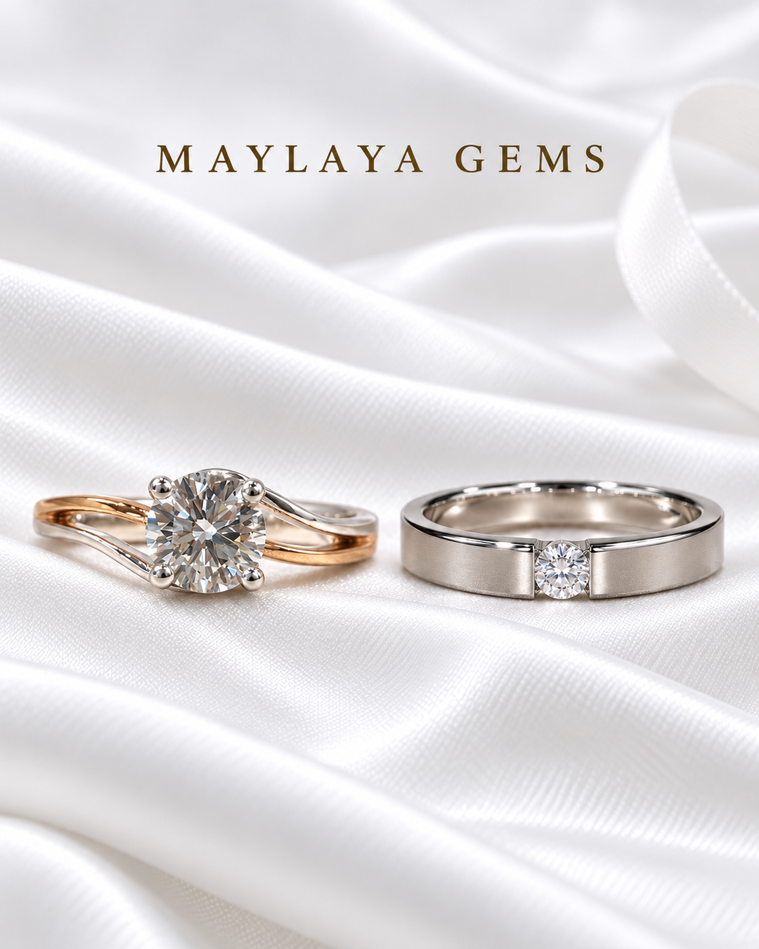 Maylaya Gems MG-CR-12 — white wedding couple-ring presentation