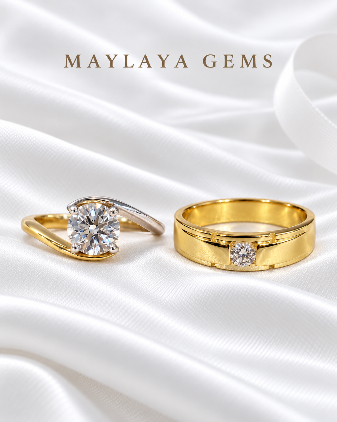 Maylaya Gems MG-CR-15 — white wedding couple-ring presentation