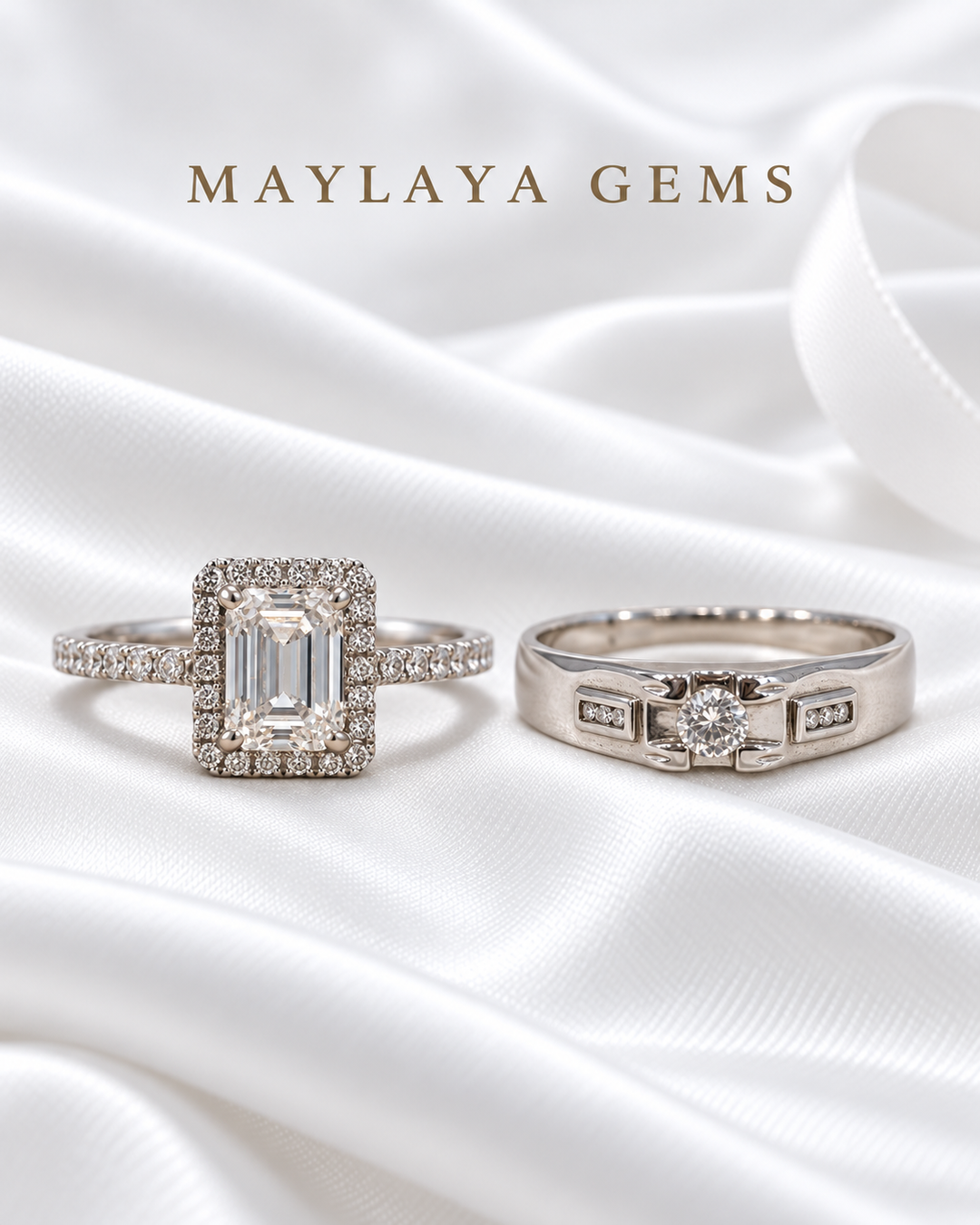 Maylaya Gems MG-CR-19 — white wedding couple-ring presentation