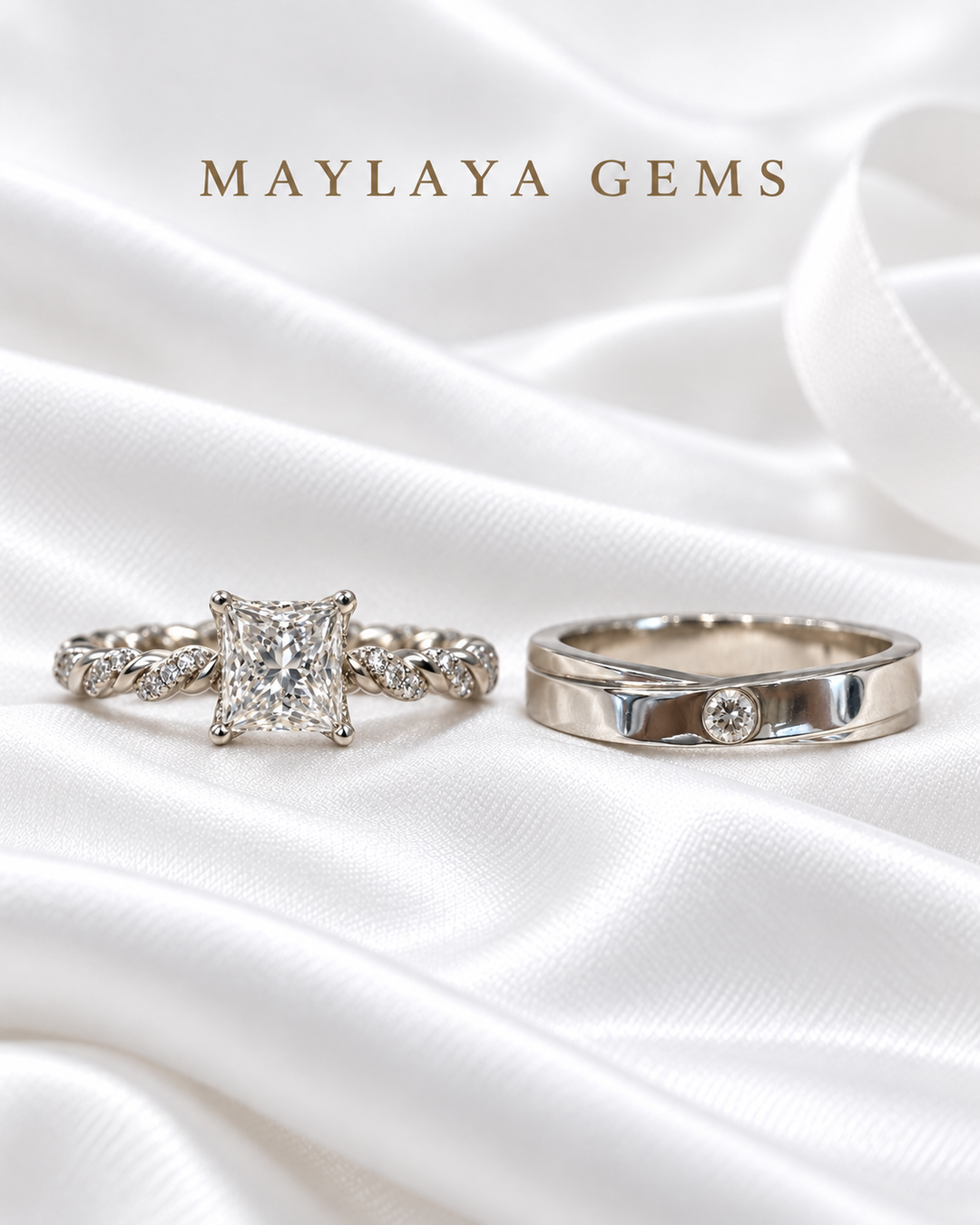 Maylaya Gems MG-CR-20 — white wedding couple-ring presentation