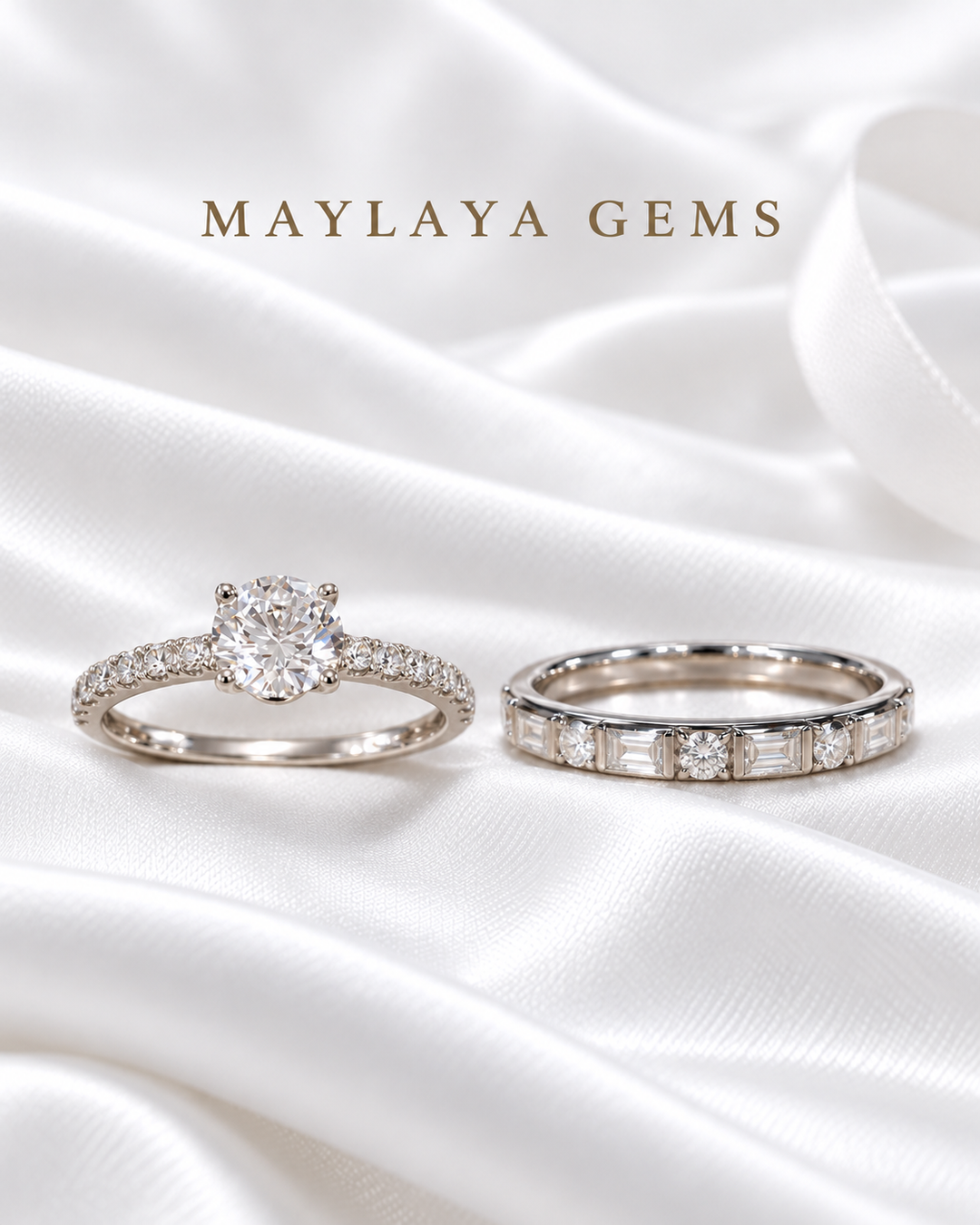 Maylaya Gems MG-CR-21 — white wedding couple-ring presentation