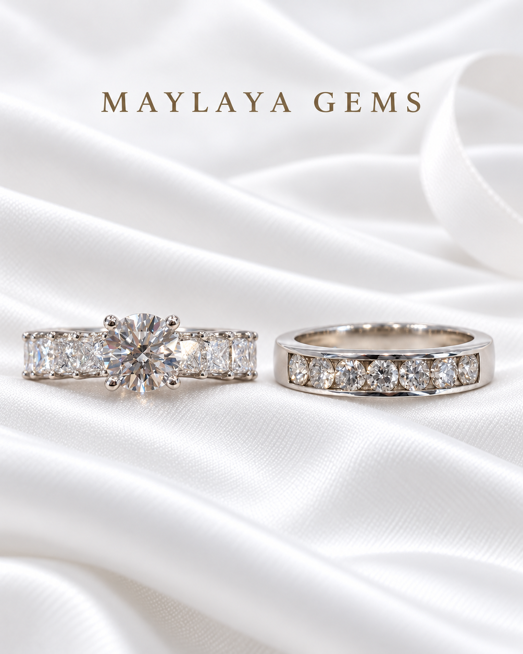 Maylaya Gems MG-CR-22 — white wedding couple-ring presentation