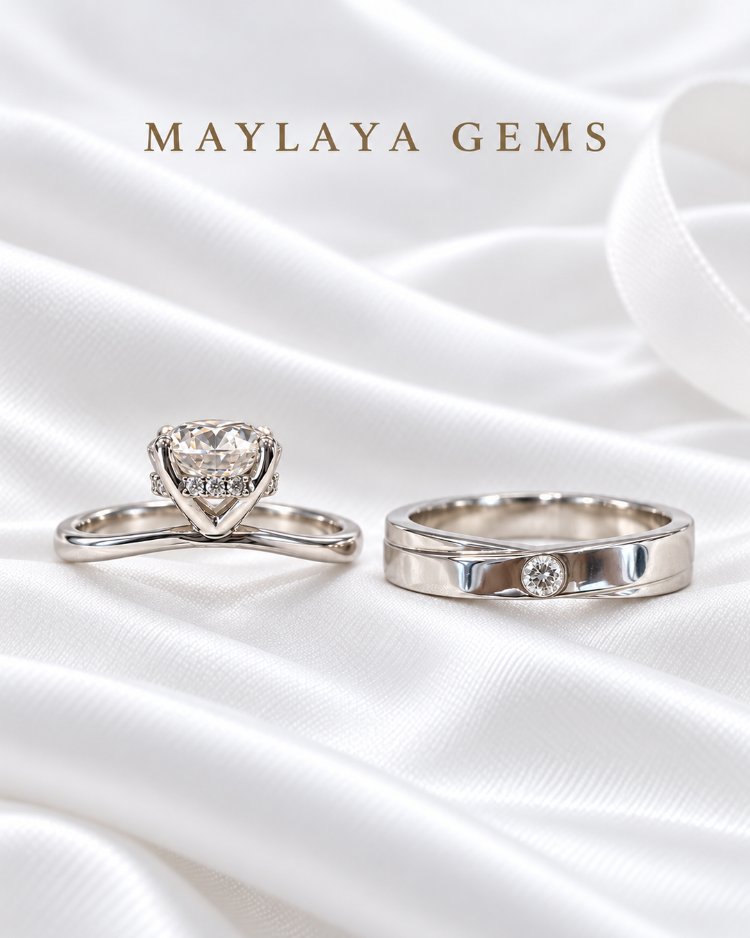 Maylaya Gems MG-CR-23 — white wedding couple-ring presentation