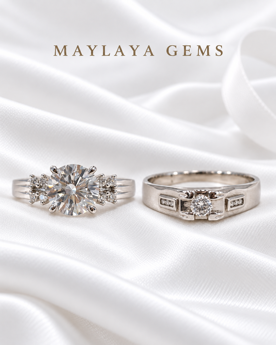 Maylaya Gems MG-CR-27 — white wedding couple-ring presentation