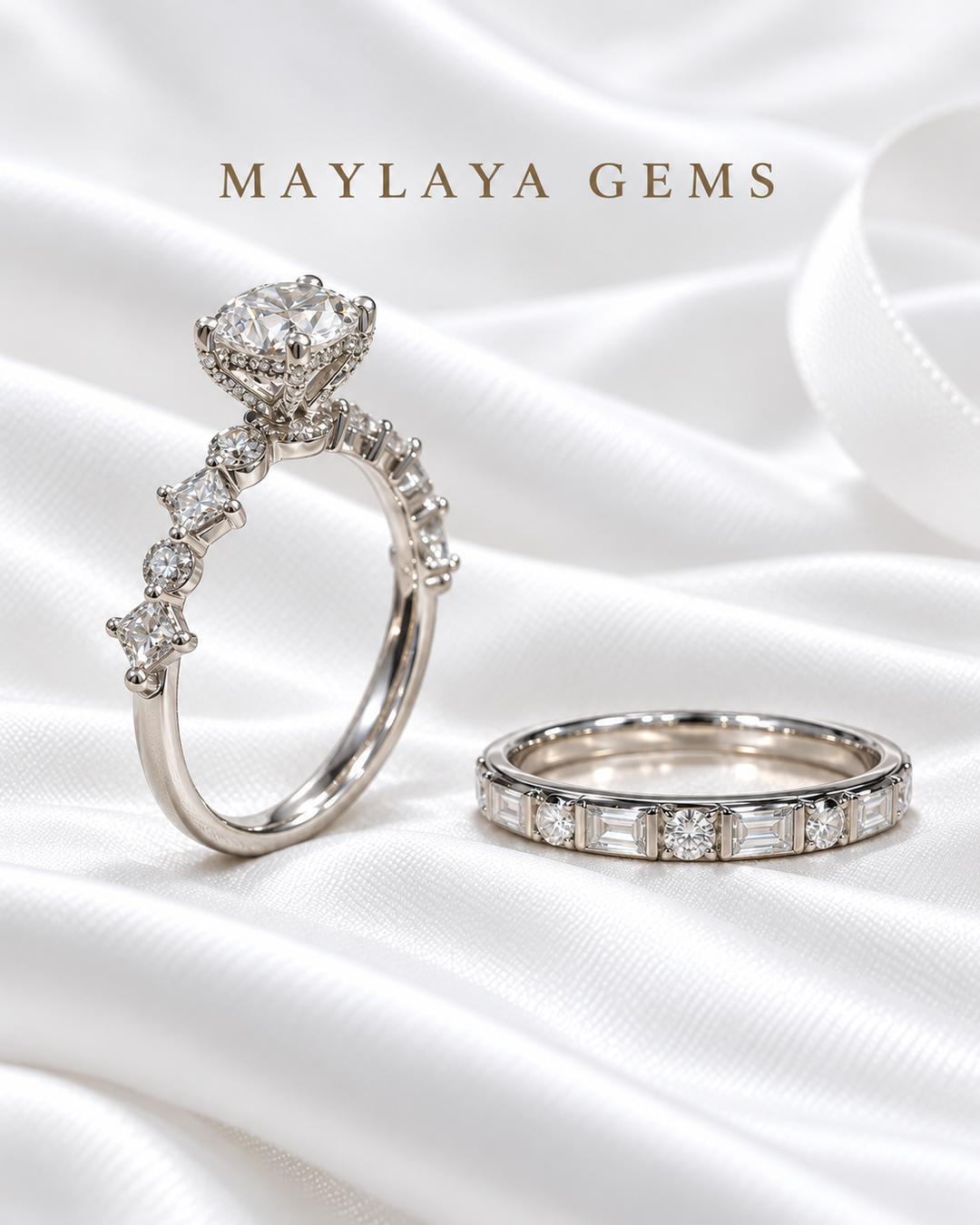 Maylaya Gems MG-CR-30 — white wedding couple-ring presentation